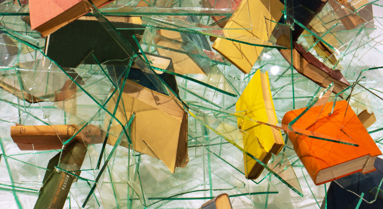 Alicia Martín. Glass delusion. Instalación realizada con fragmentos de cristales y libros. 